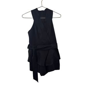 Askari Black Wrap It Up Playsuit Romper Stretch V-Neck Tie-Waist Back Zip Sz S